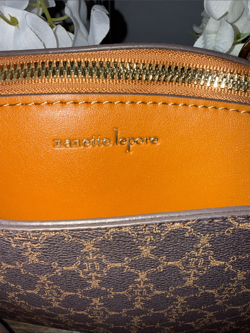 Brown Patterned Satchel with Tan Trim - Designer-Inspired Carryall - Picture 4 of 13